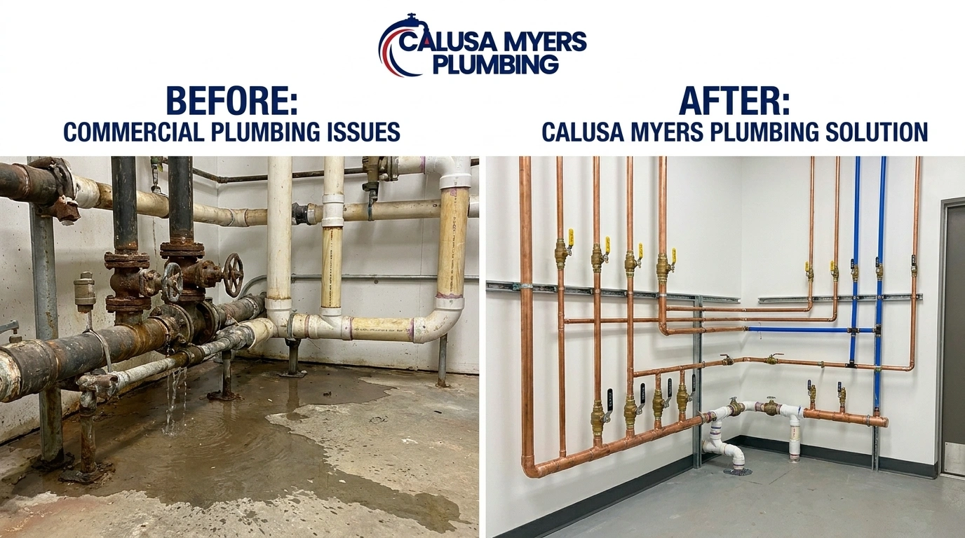 Before and after commercial plumbing upgrade project by Calusa Myers Plumbing in Fort Myers FL showing corroded pipes replaced with new code-compliant plumbing system
