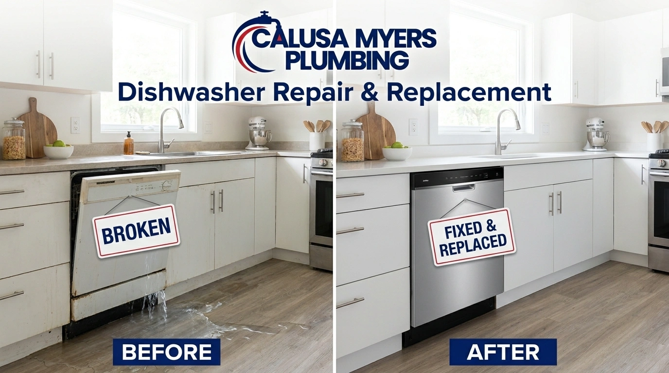 Before and after professional dishwasher repair and replacement in Fort Myers, FL by Calusa Myers Plumbing — old leaking dishwasher replaced with a new, properly installed unit