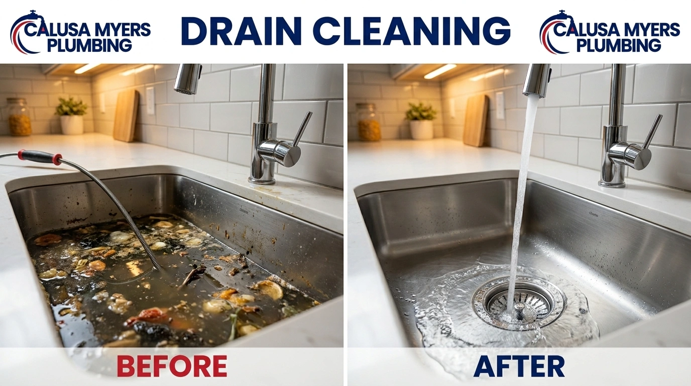 Before and after professional drain cleaning in Fort Myers FL by Calusa Myers Plumbing showing clear pipes after hydro jetting service