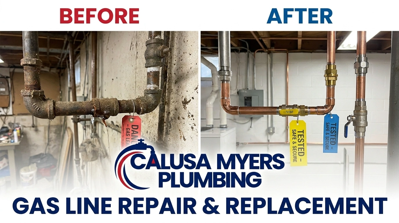 Before and after gas line repair and replacement in Fort Myers FL by Calusa Myers Plumbing — corroded gas pipes replaced with code-compliant gas piping