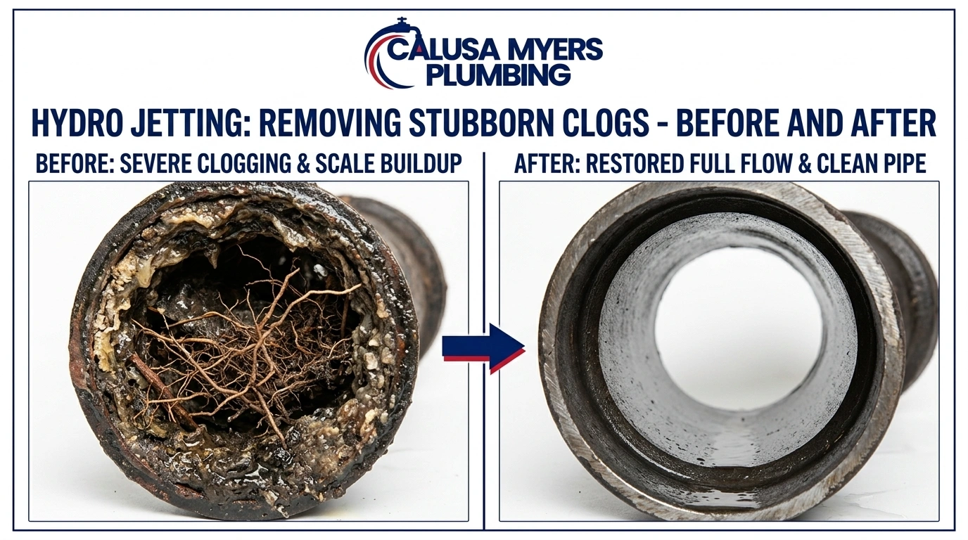 Before and after hydro jetting service in Fort Myers FL - Calusa Myers Plumbing shows clogged sewer pipe cleaned with high-pressure water jetting