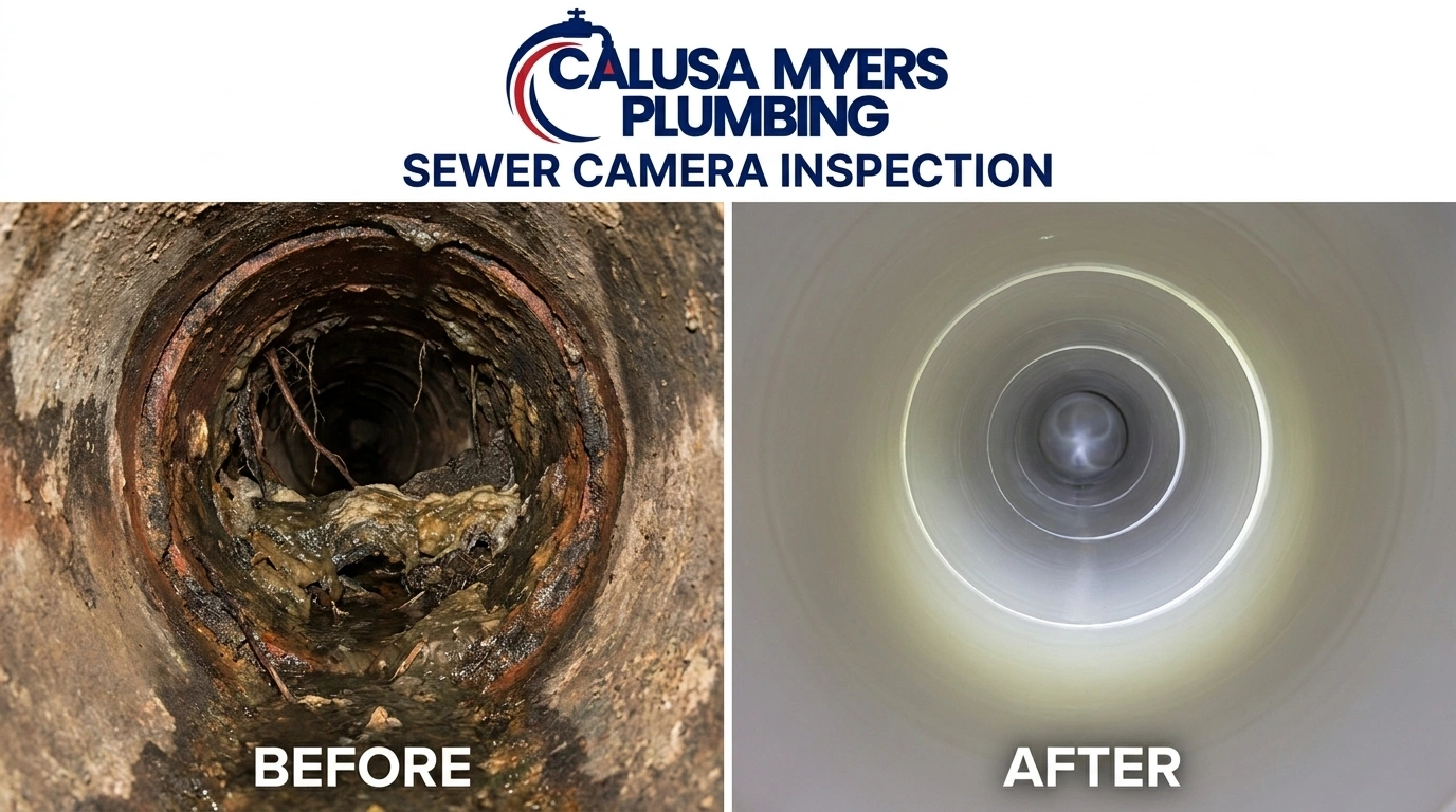 Before and after sewer camera inspection and sewer line repair in Fort Myers, FL by Calusa Myers Plumbing - showing root-blocked sewer line diagnosed by HD camera and repaired to full flow