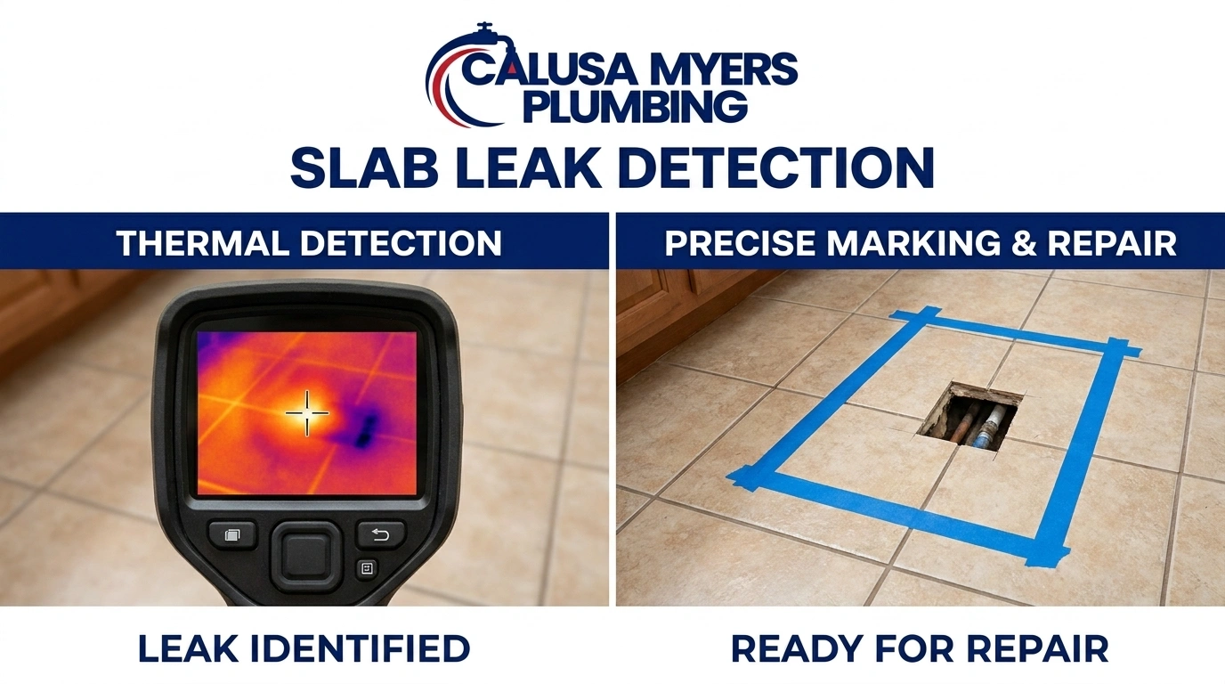 Before and after slab leak detection and repair in Fort Myers Florida by Calusa Myers Plumbing showing precise slab opening and repaired water line