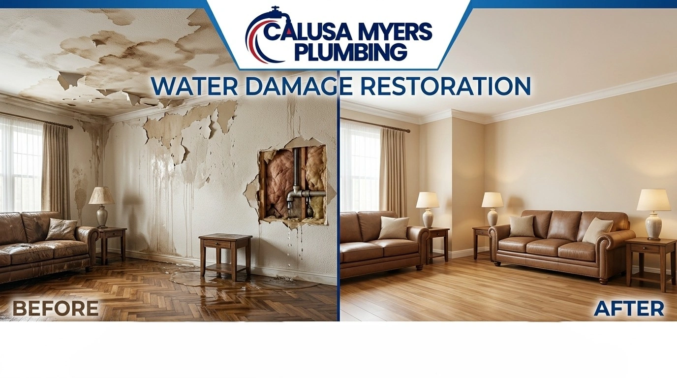 Before and after professional water damage restoration in Fort Myers, FL — Calusa Myers Plumbing flood cleanup, structural drying and repair results