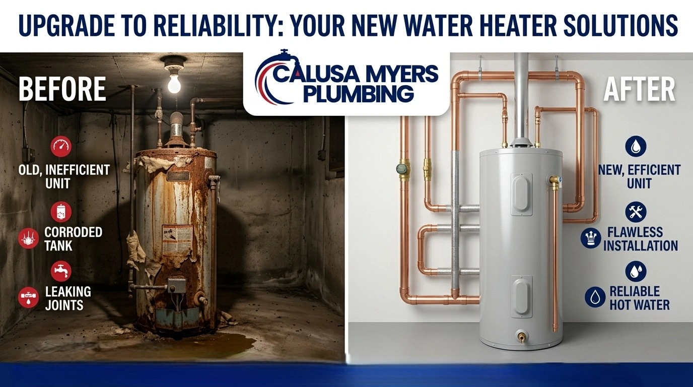 Before and After Water Heater Replacement in Fort Myers FL — Calusa Myers Plumbing showing old rusty tank replaced with new efficient water heater