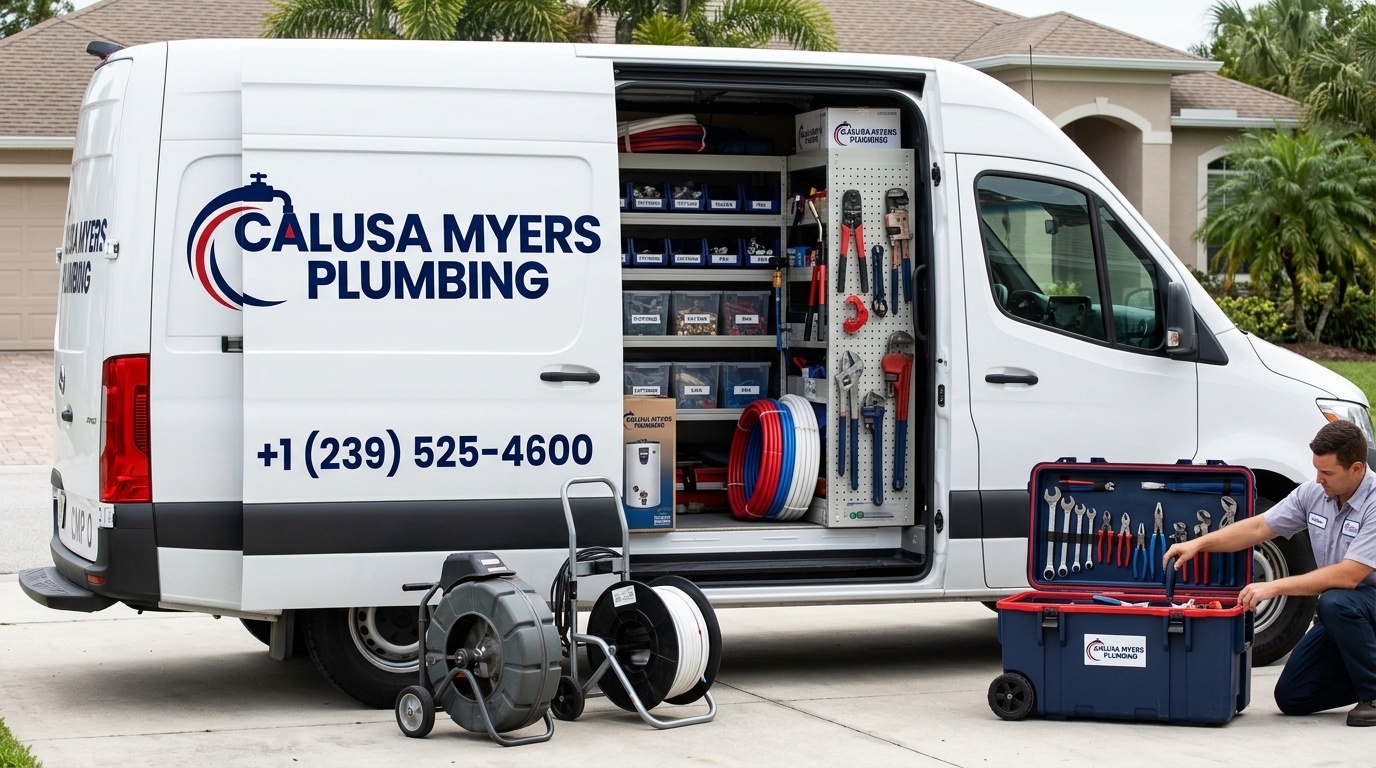Branded Calusa Myers Plumbing service van with professional tools in Fort Myers FL
