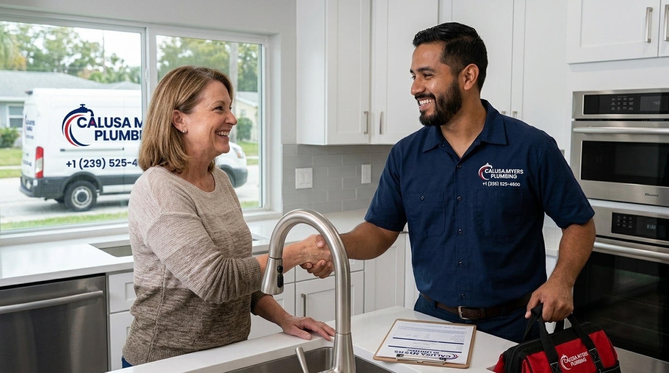 Happy Fort Myers homeowner with Calusa Myers Plumbing technician after completed plumbing repair