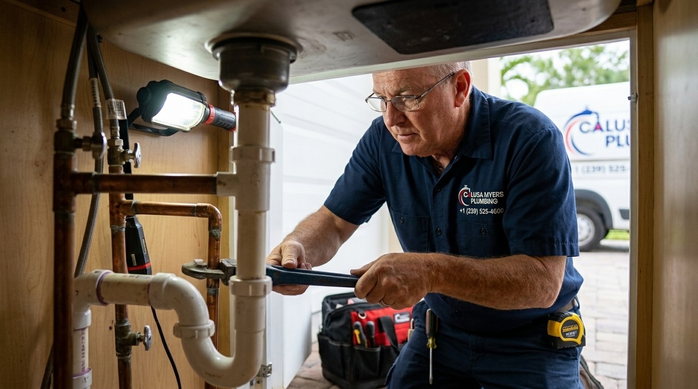 Calusa Myers Plumbing senior technician performing professional on-site plumbing repair in Fort Myers FL